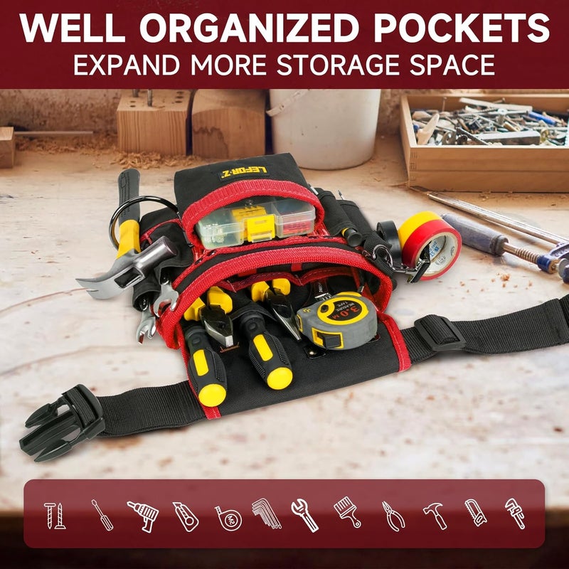 LEFORZ Tool Belt,Magnetic Tool Pouch,14-Pockets Tool Belts for Men,Detachable & Adjustable Tool Pouch Belt for Electrician,Carpenter,Construction,Work Apron,Utility Belt,Black-Red - Image 5